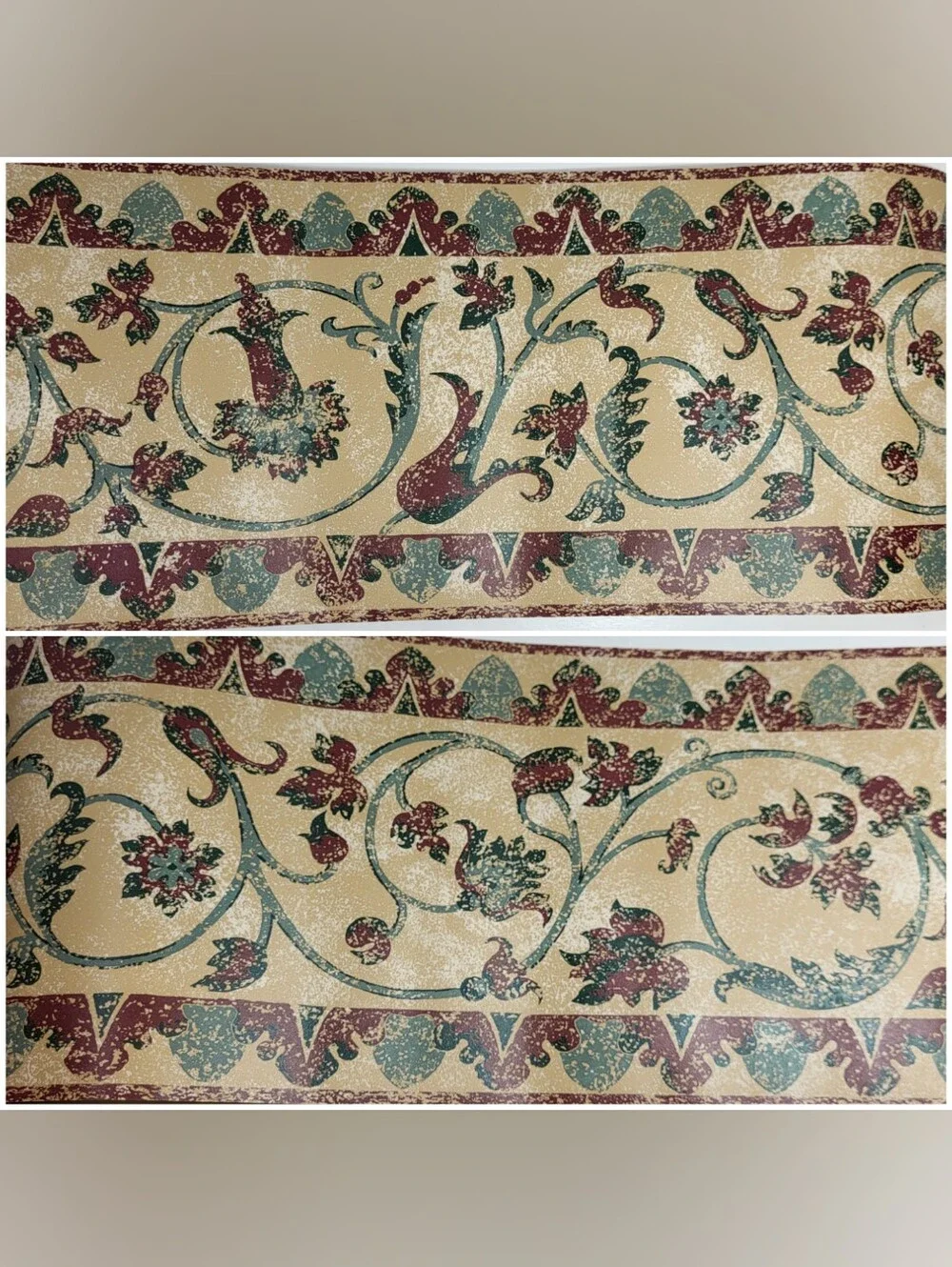 Wallpaper BORDER 4 Rolls Tan Teal Maroon Scroll Vine Floral Leaves 5 Yds Vtg
